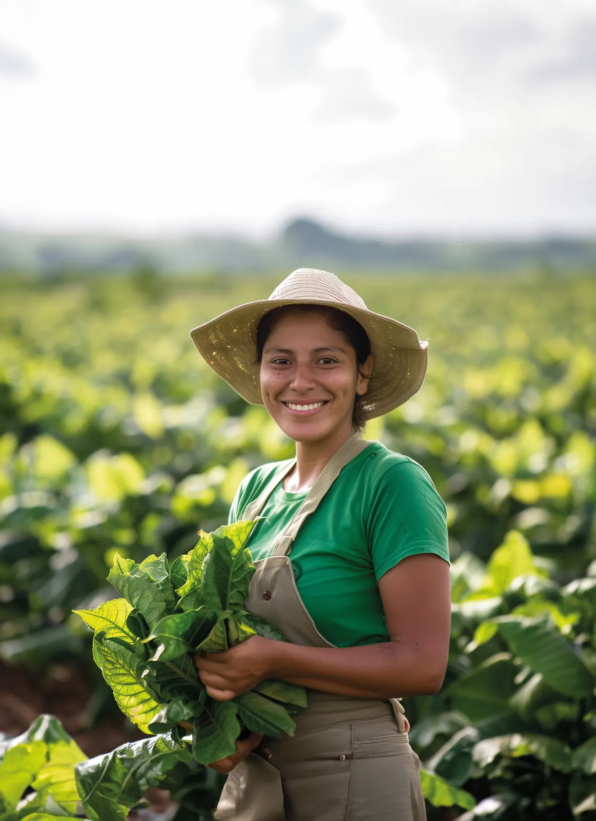 Mujer campesina sonriente con sombrero en un cultivo