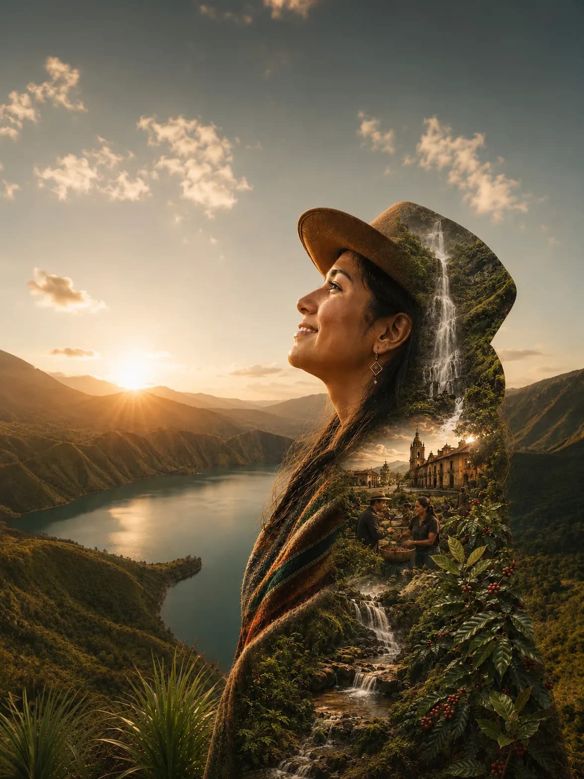 Mujer campesina con sombrero sobre un paisaje de Cundinamarca con laguna, cascada y cafetales