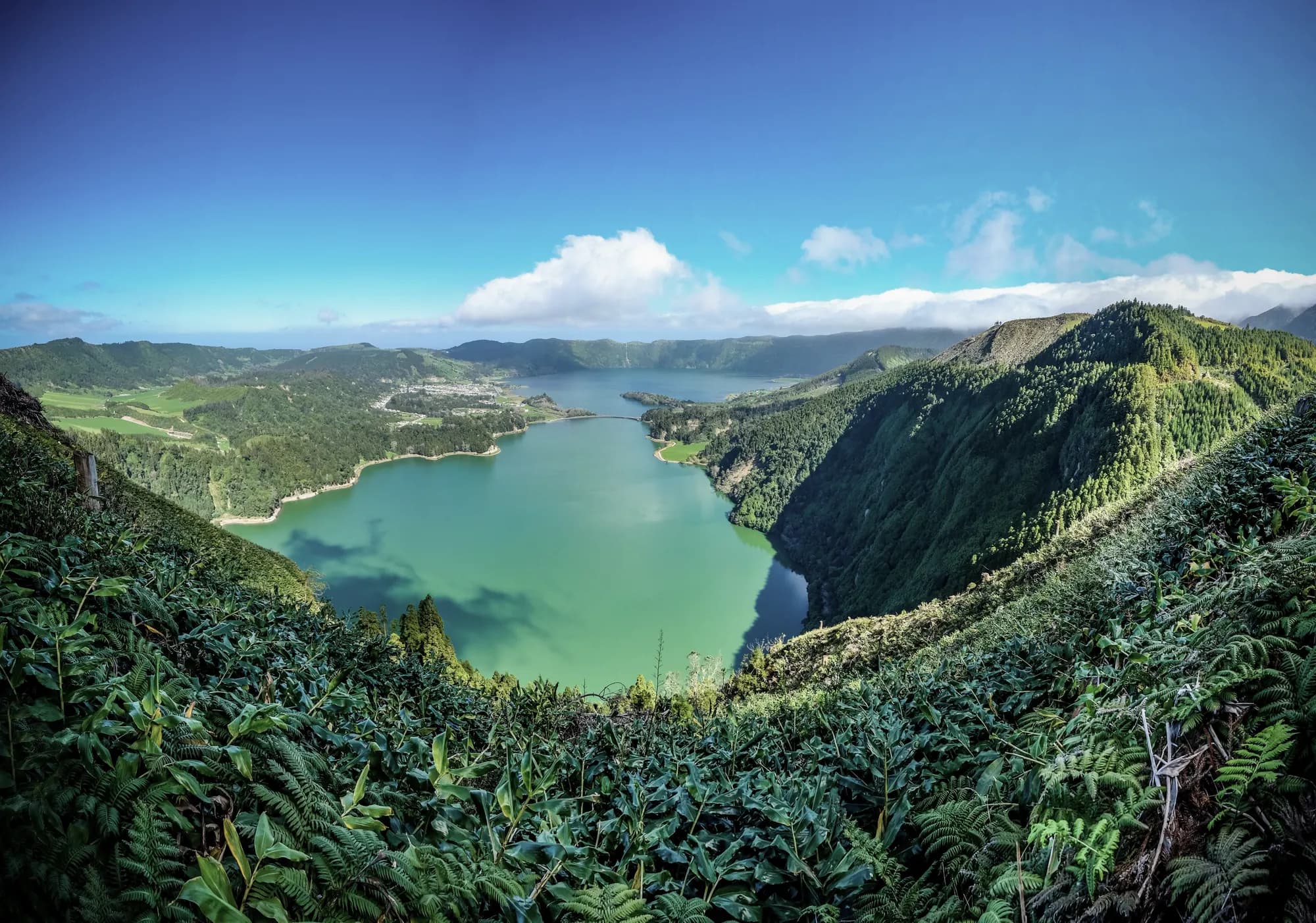 Laguna de aguas verdes entre montañas cubiertas de bosque