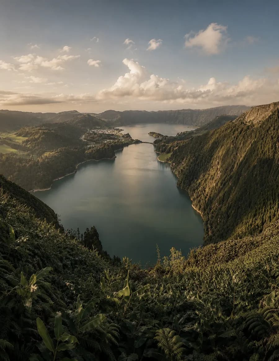 Laguna alargada en un valle al atardecer